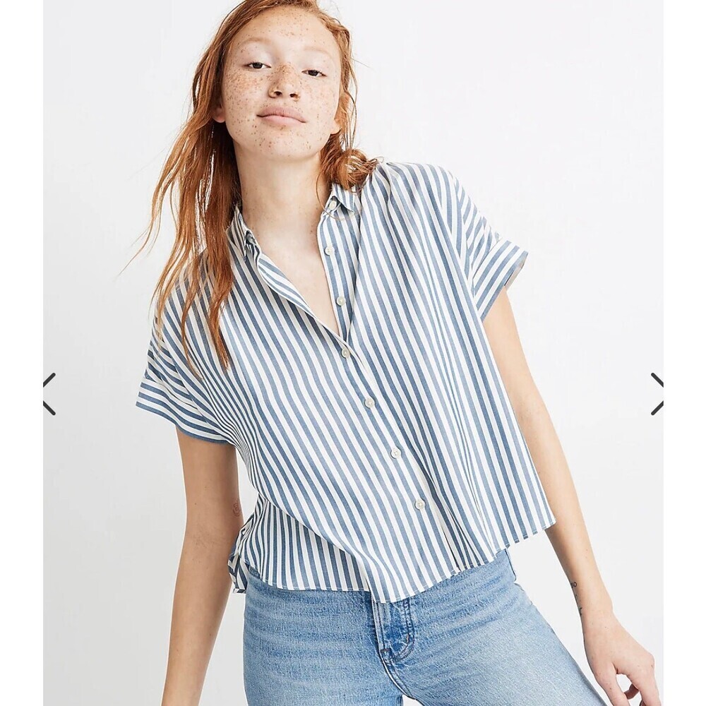 Madewell Hilltop Shirt in Savin Stripe chambray blue white button up nautical XS